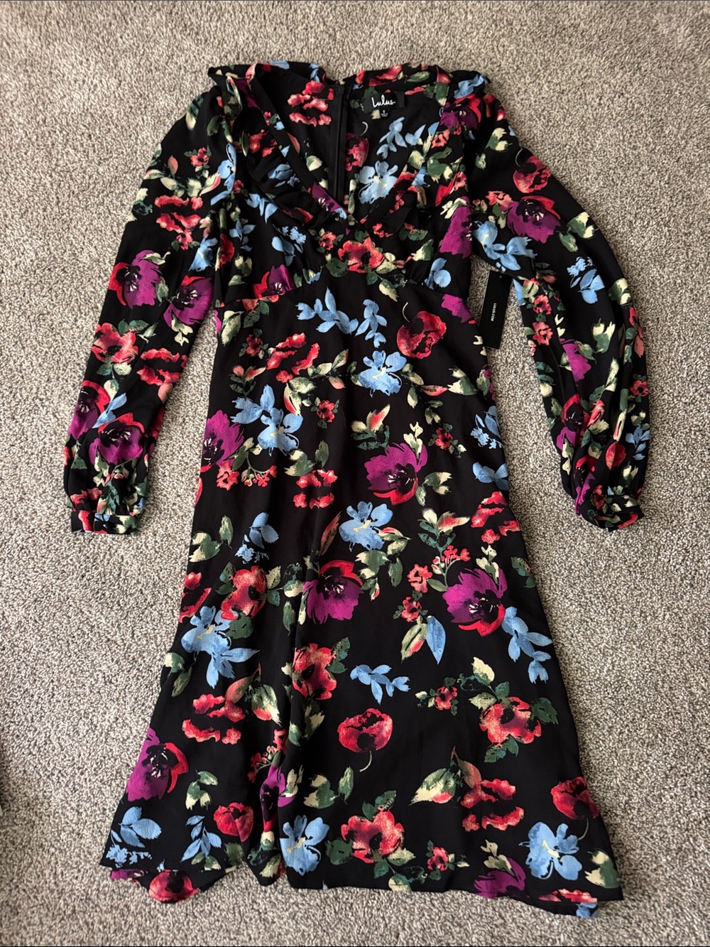 Floral Long-Sleeve V-Neck Dress - Black with Multicolor Blooms